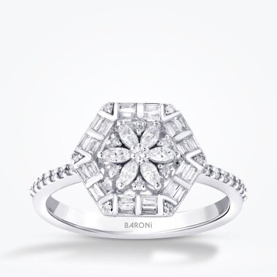 0.43 Karat Pırlanta Baget Çiçek Yüzük - 1