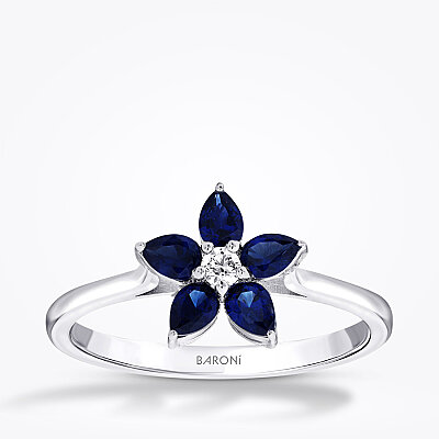 0.56 Karat Pırlanta Damla Taşlı Safir Çiçek Yüzük 