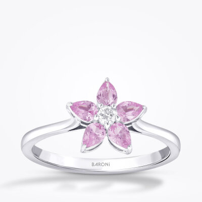 0.56 Karat Pırlanta Pembe Safir Çiçek Yüzük - 1