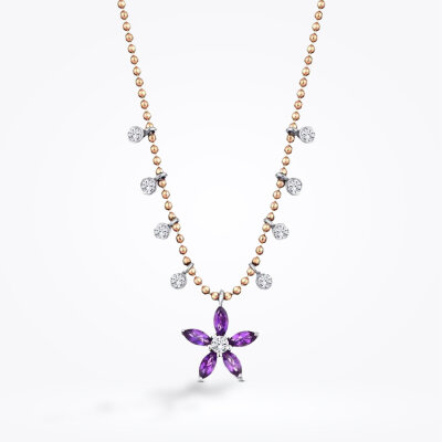 0.57 Karat Pırlanta Ametist Çiçek Kolye - 1