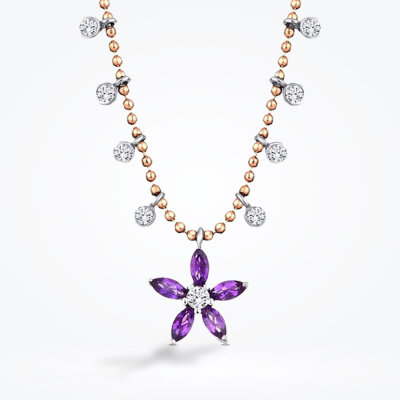 0.57 Karat Pırlanta Ametist Çiçek Kolye - 2