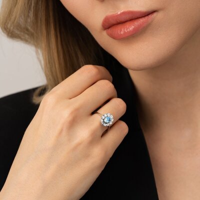 0.60 Karat Pırlanta Blue Topaz Yüzük - 3