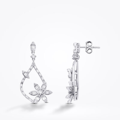 0.80 Karat Pırlanta Baget Taşlı Çiçek Küpe - 1