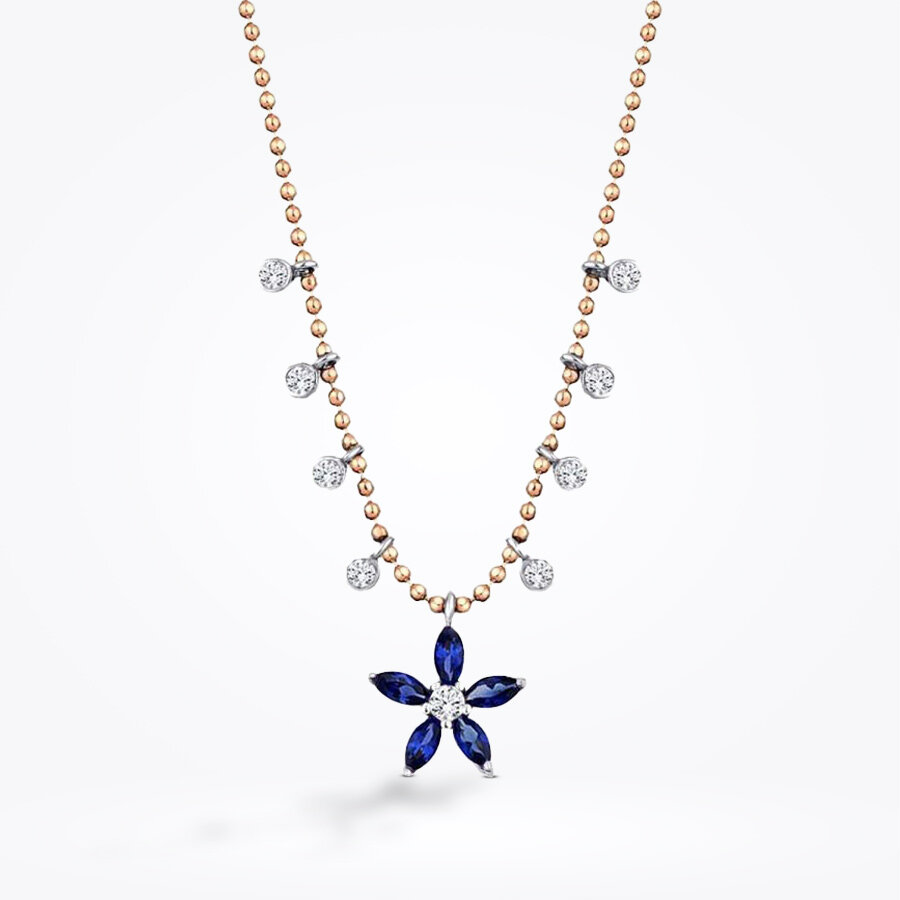 0.80 Karat Pırlanta Safir Çiçek Kolye