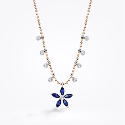 0.80 Karat Pırlanta Safir Çiçek Kolye - 1