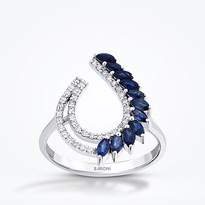 0.81 Karat Pırlanta Markiz Taşlı Safir Trend Yüzük - 1
