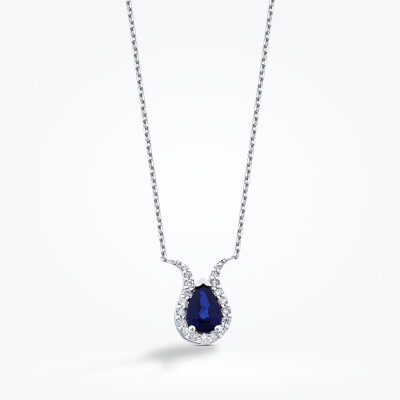 0.97 Karat Pırlanta Safir Damla Kolye - 1