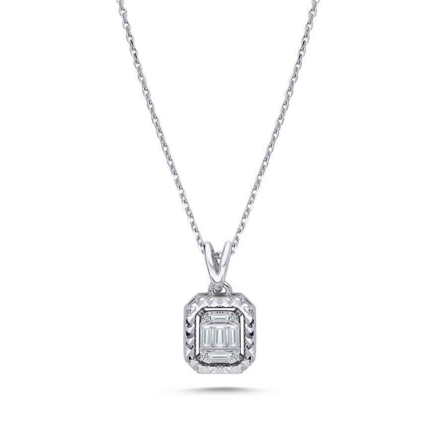 0.09 Karat Pırlanta Efektli Baget Kolye - Baroni Diamond