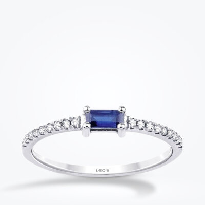 0.22 Karat Pırlanta Baget Safir Yüzük - 1