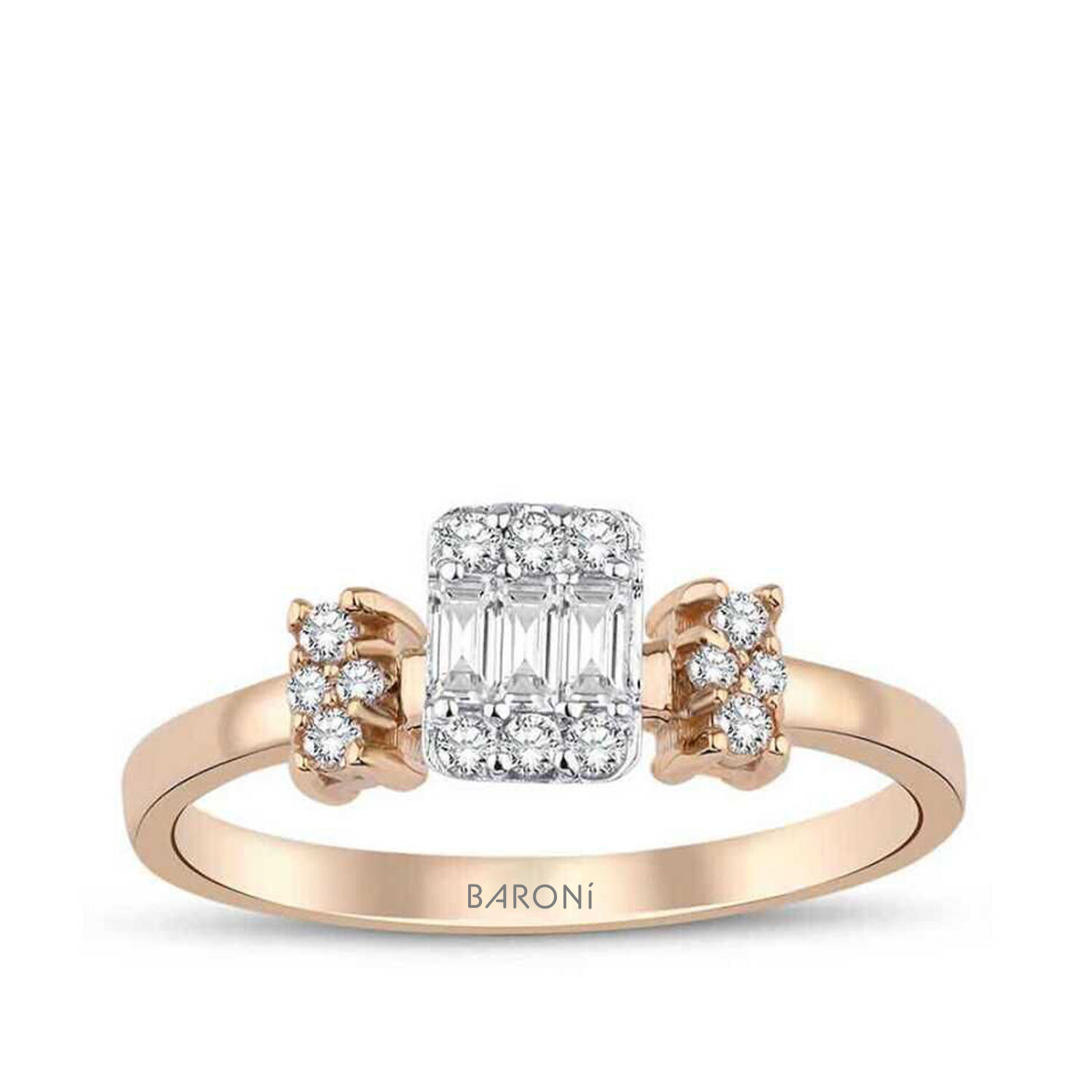 0.27 Karat Pırlanta Yanları Taşlı Baget Rose Yüzük
