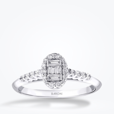 0.29 Karat Pırlanta Yanları Taşlı Baget Oval Yüzük - 1