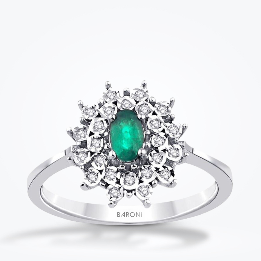 0.36 Karat Pırlanta Lotus Zümrüt Yüzük - Baroni Diamond