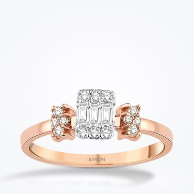 0.38 Karat Pırlanta Yanları Taşlı Baget Rose Yüzük - 1