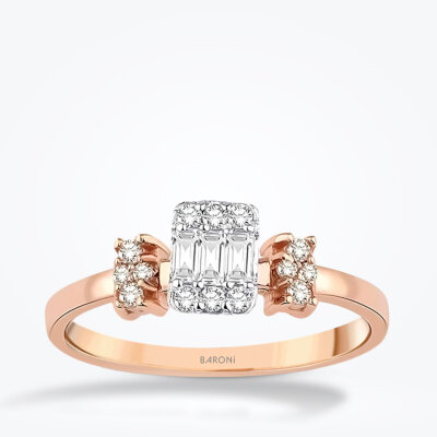 0.38 Karat Pırlanta Yanları Taşlı Baget Rose Yüzük - 1