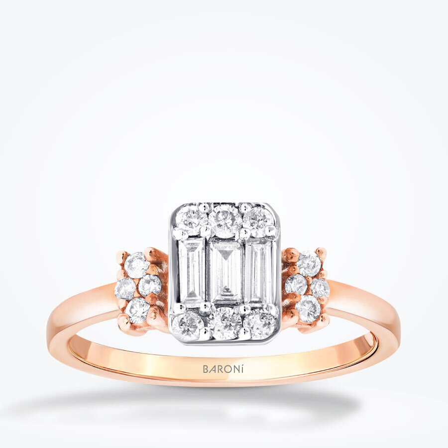 0.38 Karat Pırlanta Yanları Taşlı Baget Rose Yüzük - Baroni Diamond
