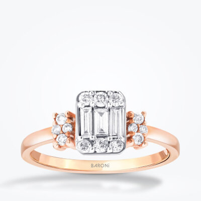 0.38 Karat Pırlanta Yanları Taşlı Baget Rose Yüzük - 1