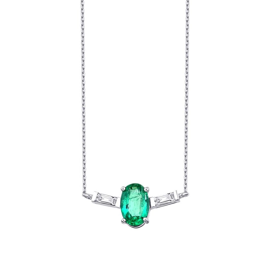 0.45 Karat Pırlanta Baget Zümrüt Kolye - Baroni Diamond