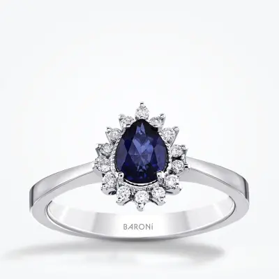 0.98 Karat Pırlanta Safir Yüzük - 1