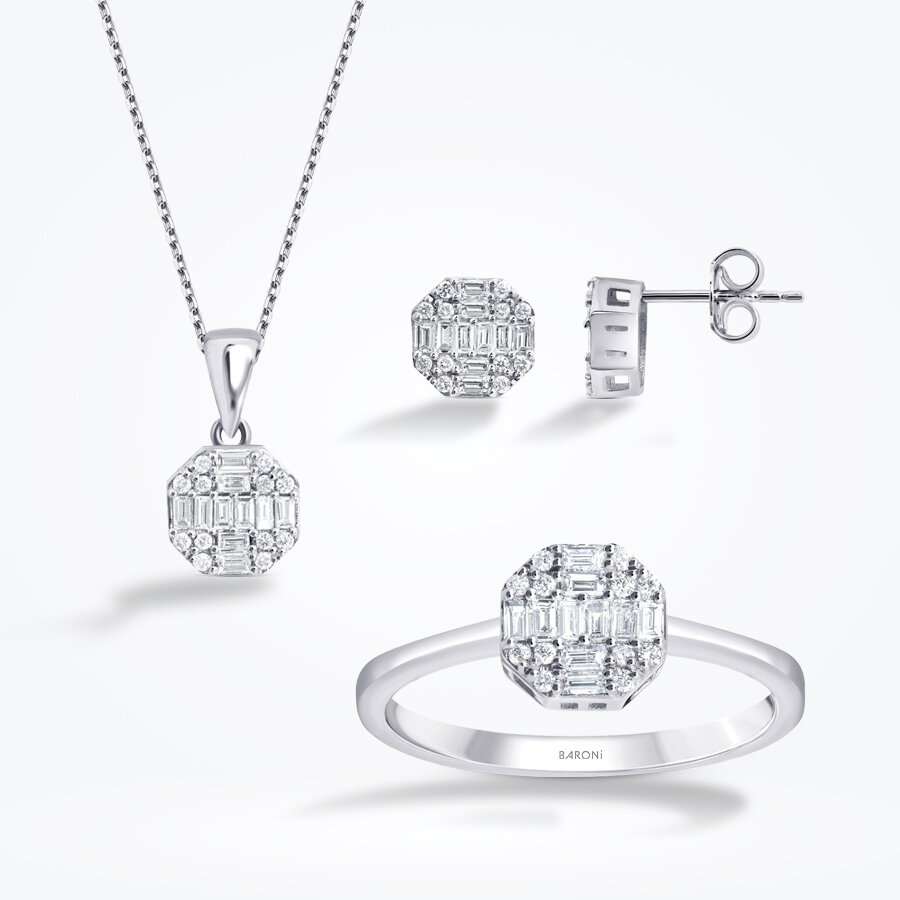 0.87 Karat Pırlanta Baget Yuvarlak Set - Baroni Diamond