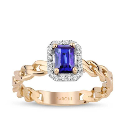 0.92 Karat Pırlanta Baget Kesim Safir Yüzük - 1