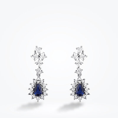 1.12 Karat Pırlanta Damla Taşlı Safir Küpe - 2