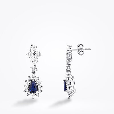 1.12 Karat Pırlanta Damla Taşlı Safir Küpe - 1