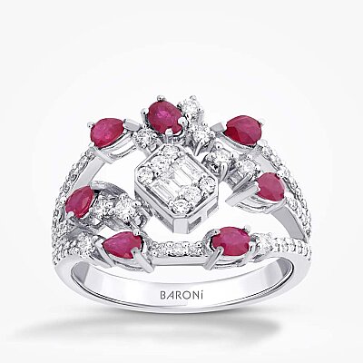 1.12 Karat Pırlanta Damla Taşlı Yakut Yüzük - 1