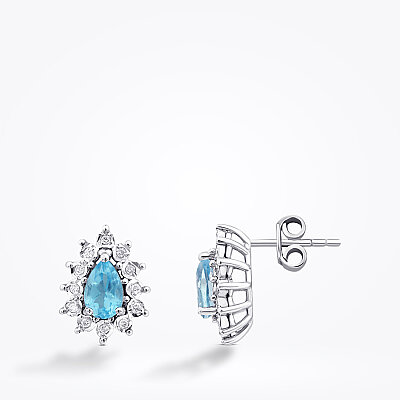 1.18 Karat Pırlanta Damla Taşlı Blue Topaz Küpe - 1