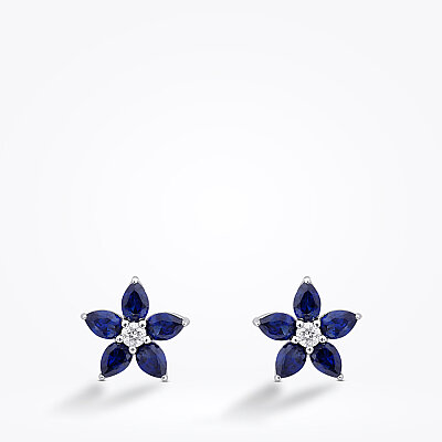 1.24 Karat Pırlanta Damla Taşlı Safir Çiçek Küpe - 2