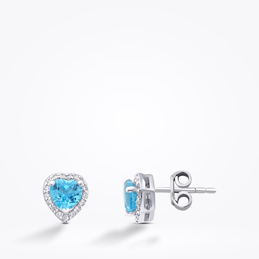 1.28 Karat Pırlanta Blue Topaz Kalp Taşlı Küpe