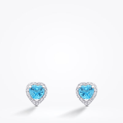 1.28 Karat Pırlanta Blue Topaz Kalp Taşlı Küpe - 2