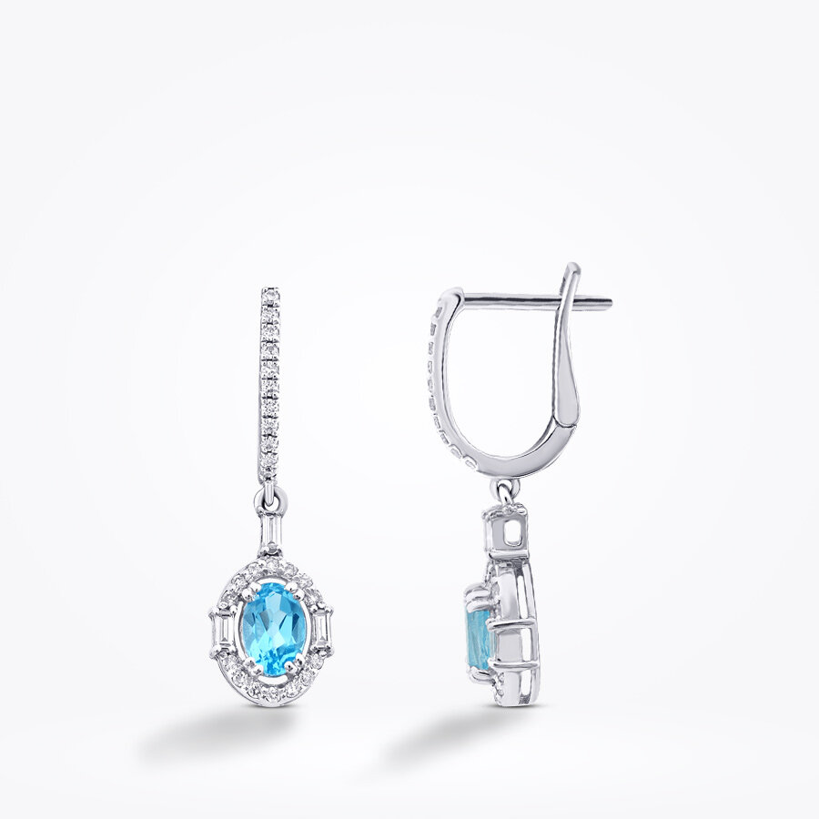 1.51 Karat Pırlanta Blue Topaz Oval Baget Küpe