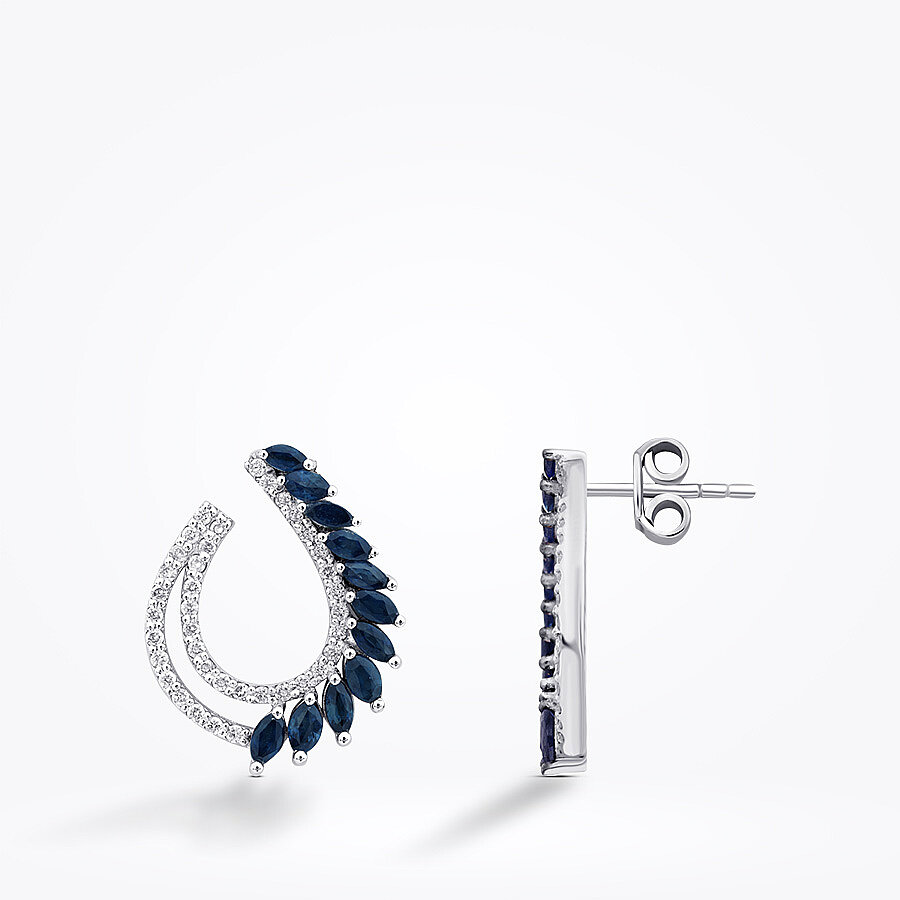 1.56 Karat Pırlanta Markiz Taşlı Safir Trend Küpe