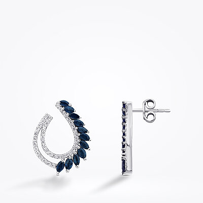 1.56 Karat Pırlanta Markiz Taşlı Safir Trend Küpe - 1