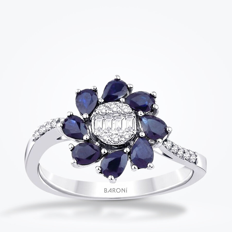 1.05 Karat Pırlanta Safir Çiçek Yüzük - Baroni Diamond