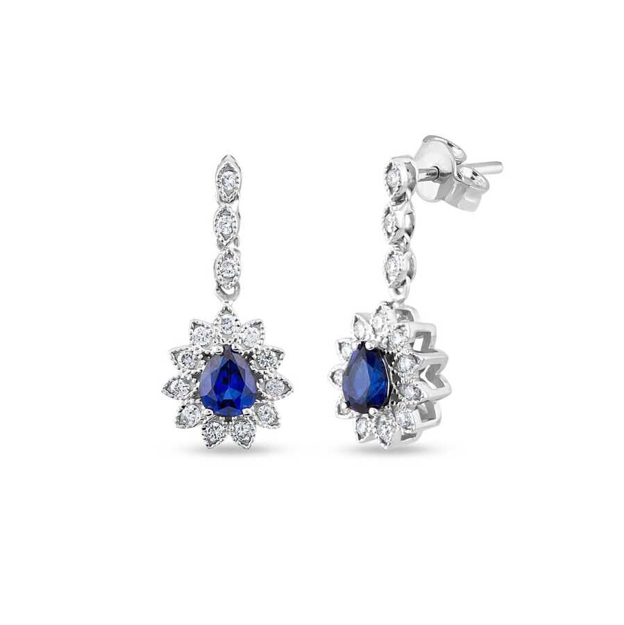 1.13 Karat Pırlanta Safir Sallantılı Çiçek Küpe