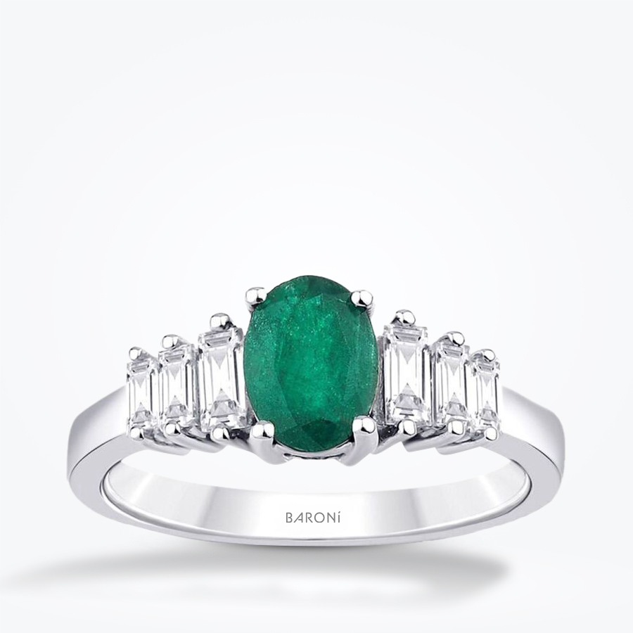 1.16 Karat Pırlanta Baget Zümrüt Yüzük - Baroni Diamond
