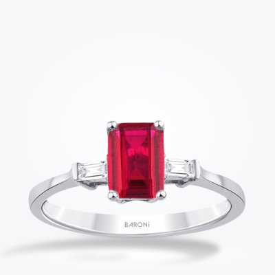 1.20 Karat Pırlanta Baget Yakut Yüzük - 1