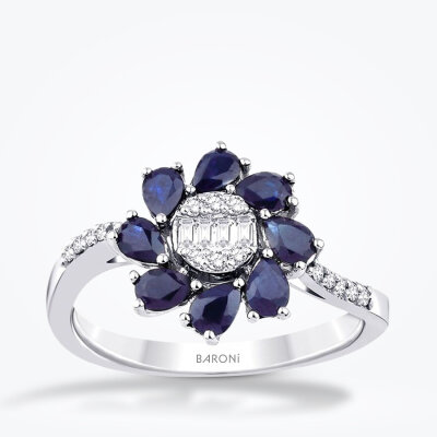 1.26 Karat Pırlanta Safir Çiçek Yüzük - 1