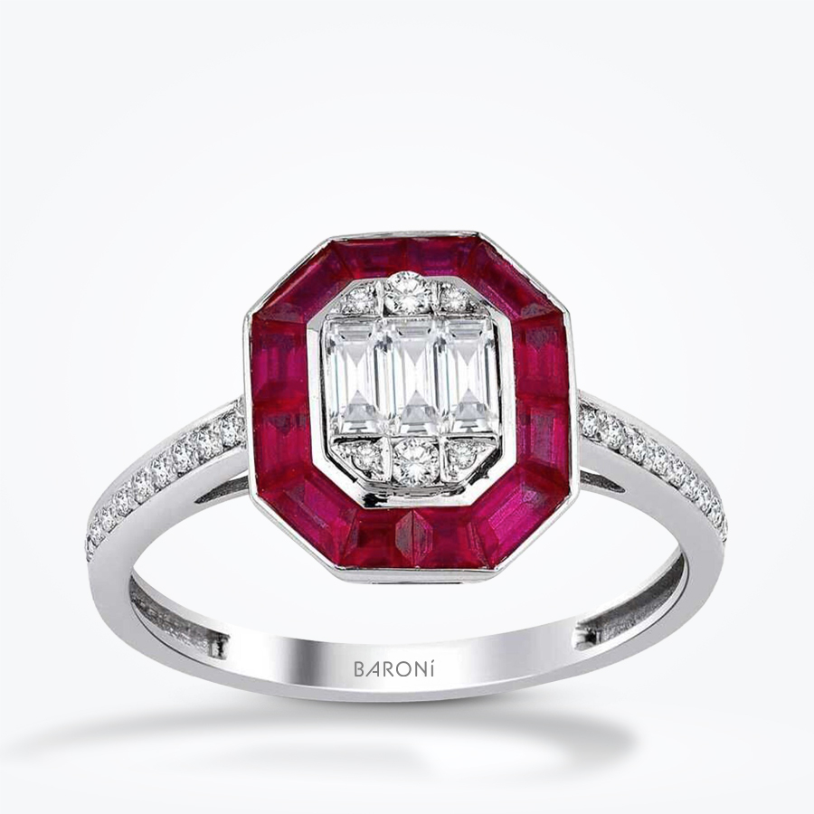 1.30 Karat Pırlanta Baget Yakut Yüzük - Baroni Diamond