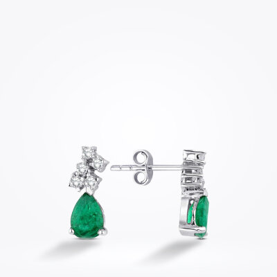 1.40 Karat Pırlanta Zümrüt Küpe - 1