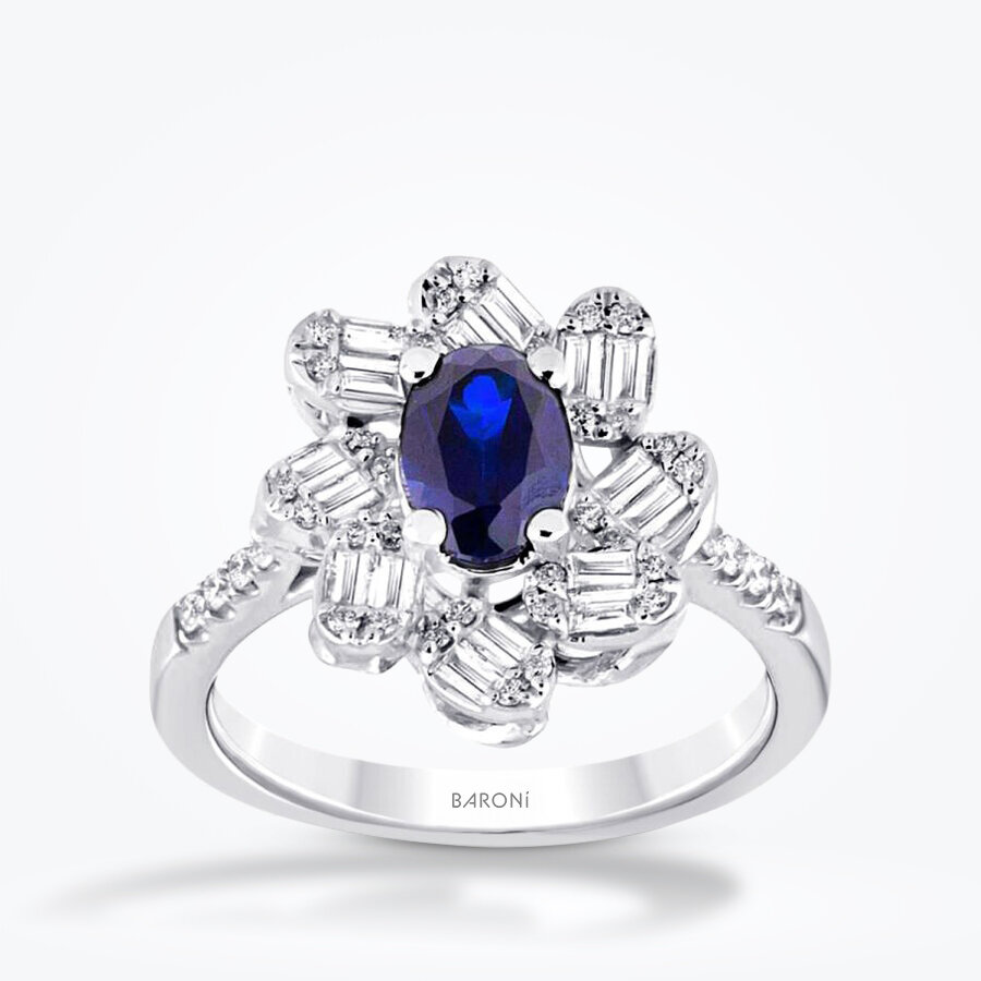 1.51 Karat Pırlanta Baget Safir Yüzük - Baroni Diamond
