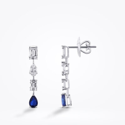 2.00 Karat Pırlanta Baget Safir Küpe - 1