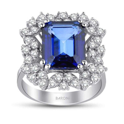 3.57 Karat Pırlanta Baget Safir Yüzük - 1