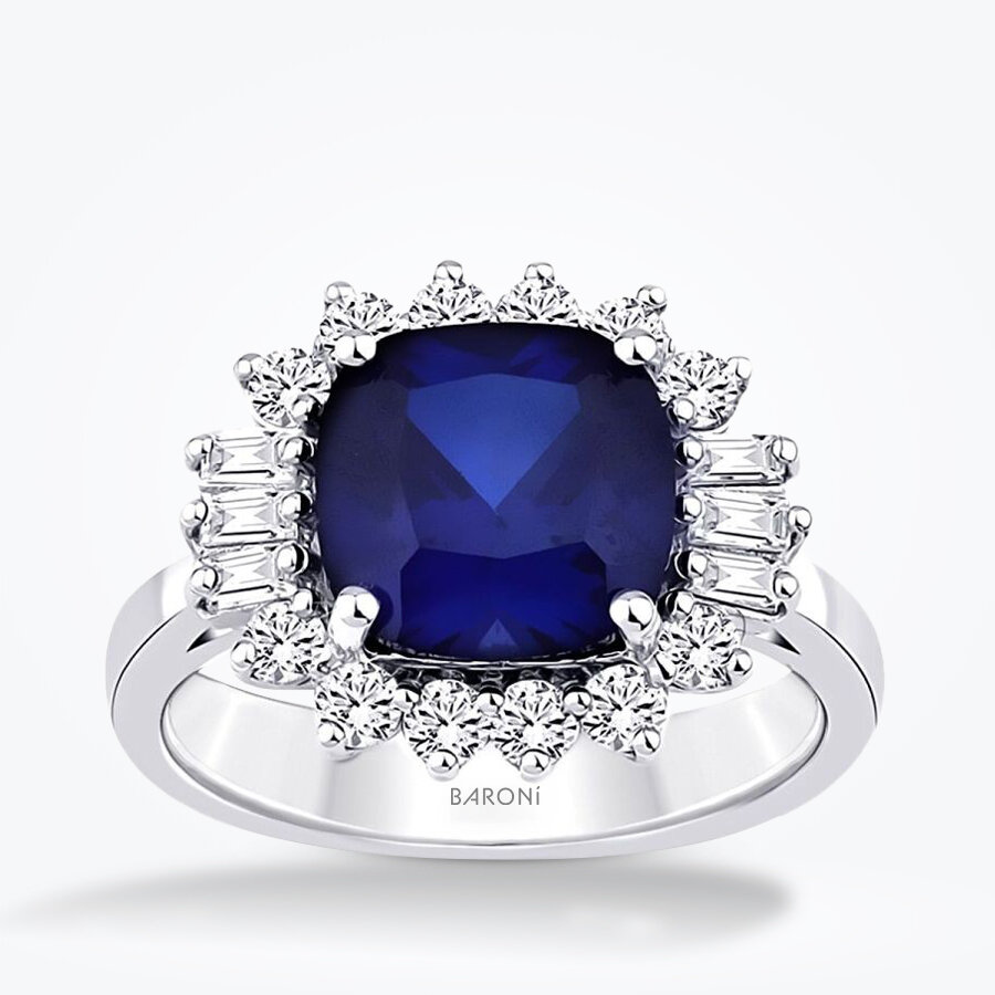4.16 Karat Pırlanta Baget Safir Yüzük - Baroni Diamond