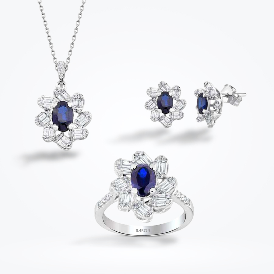 4.77 Karat Pırlanta Baget Safir Set - Baroni Diamond