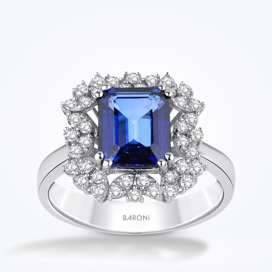 5.82 Karat Pırlanta Baget Safir Yüzük - Baroni Diamond