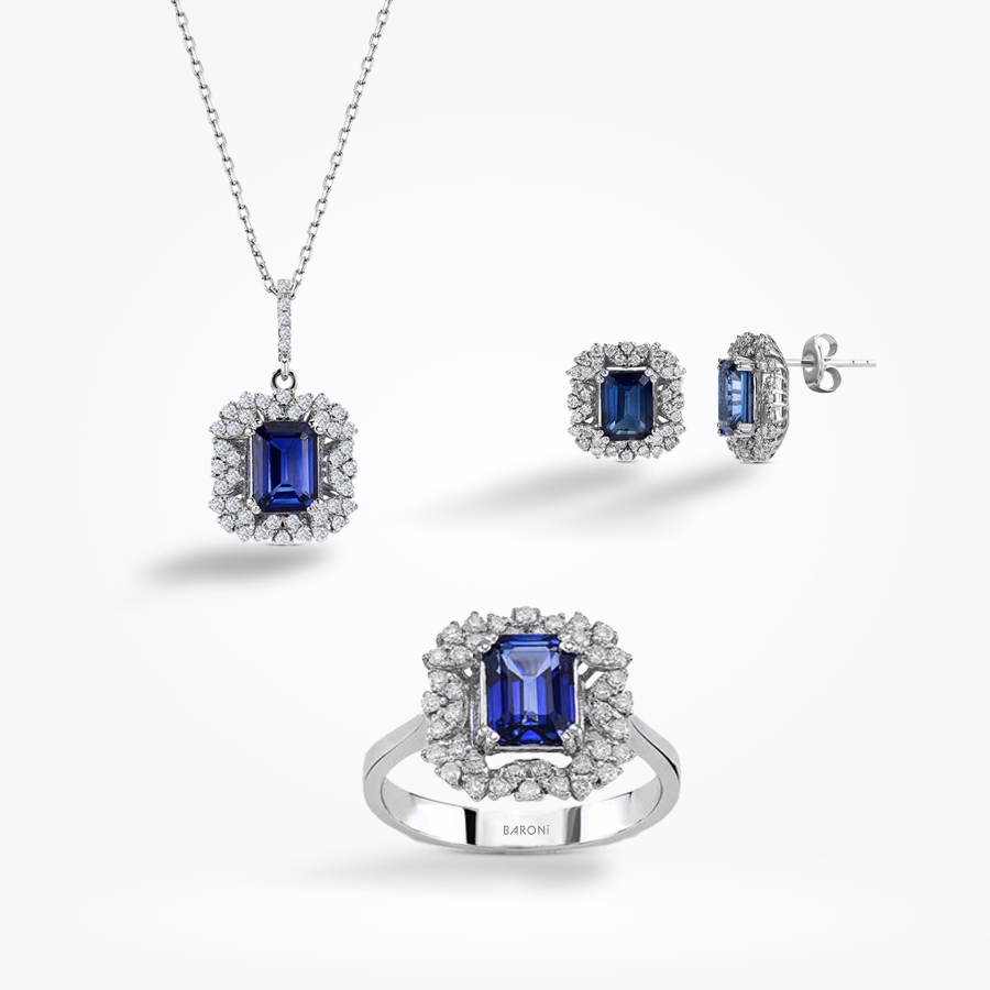 6.48 Karat Pırlanta Baget Safir Set - Baroni Diamond
