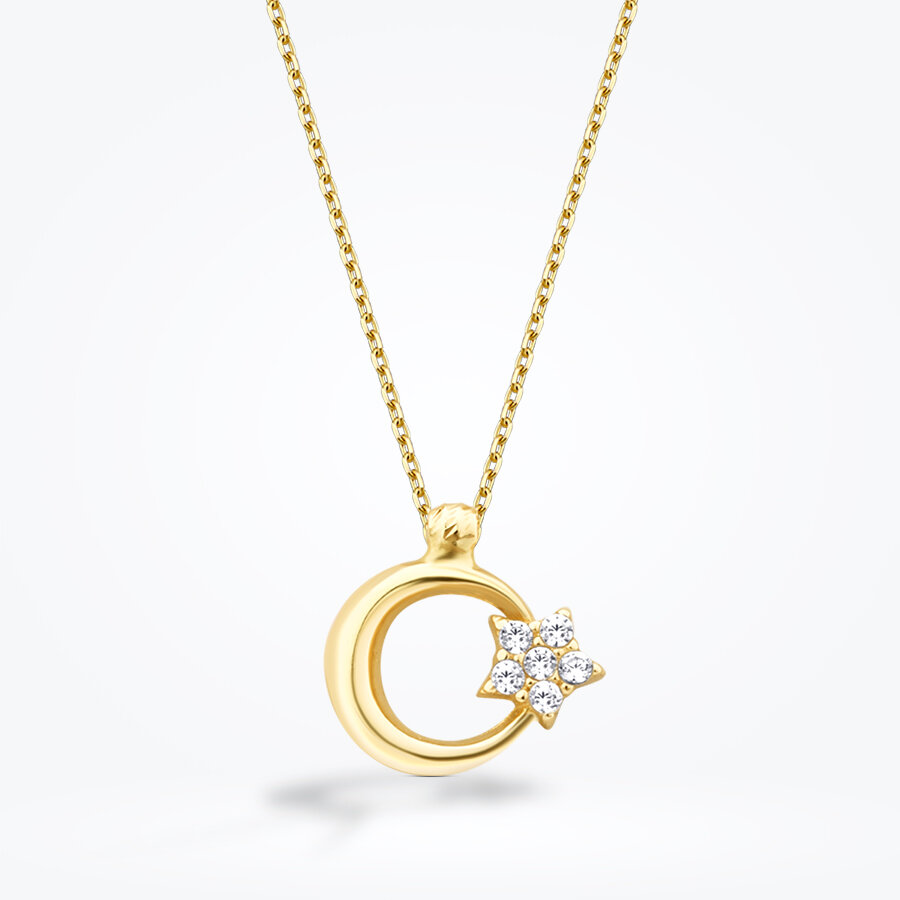 Altın Ay Yıldız Taşlı Kolye - Baroni Diamond