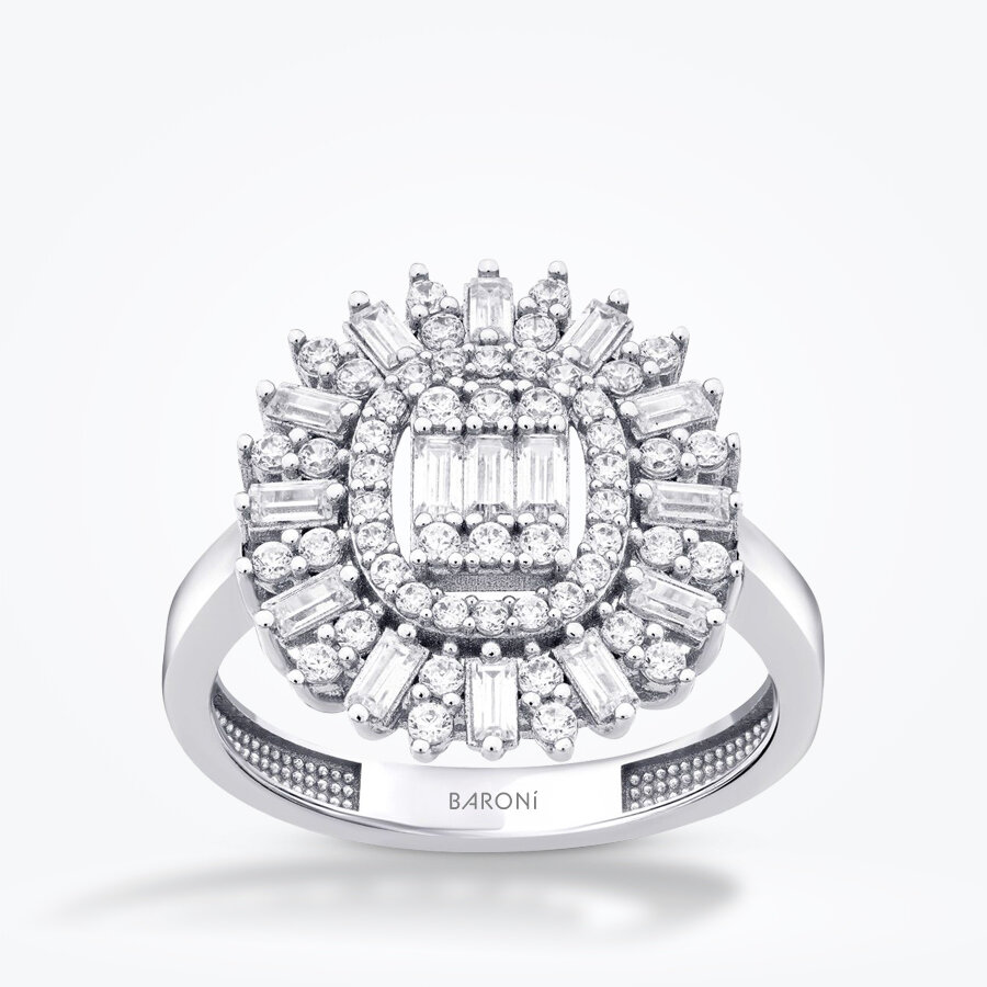 Altın Baget Taşlı Halo Yüzük - Baroni Diamond